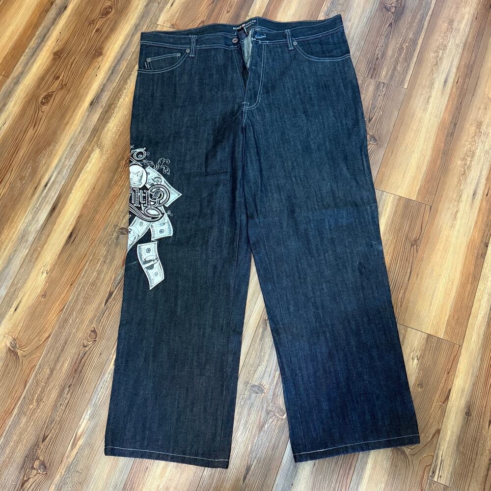 Ecko Unltd men's dark wash baggy jeans, tagged size 40
Big Hippo & money graphic